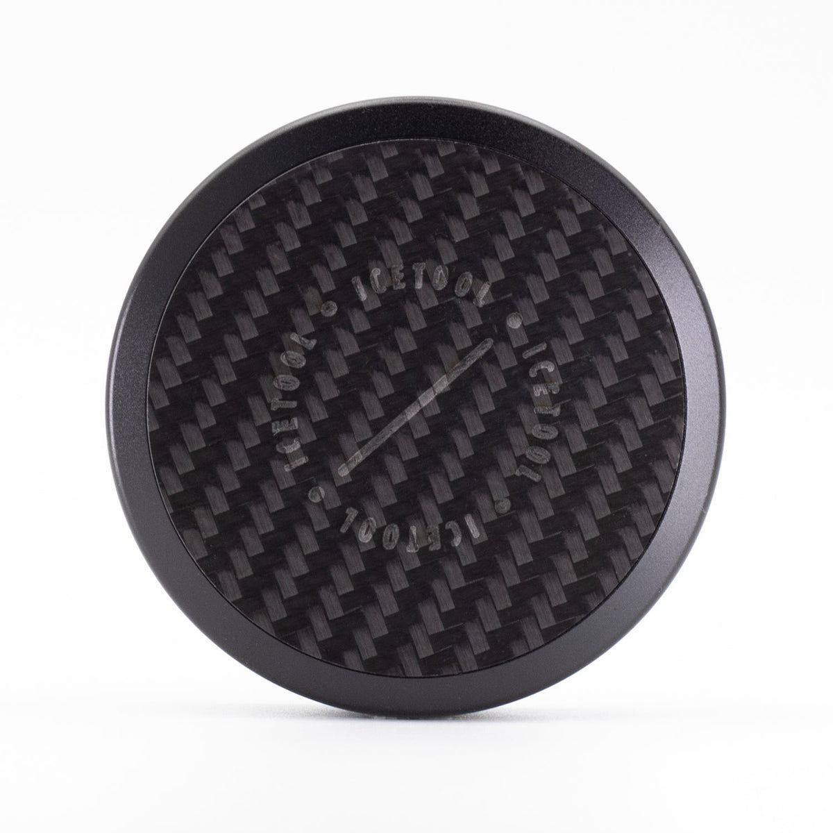 Icetool Tri Can Carbon, front view of the handmade carbon fiber lid insert and black aluminum body.