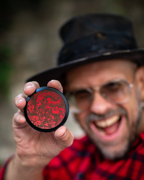 Red leather Zyn can with Japanese koi fish graphics