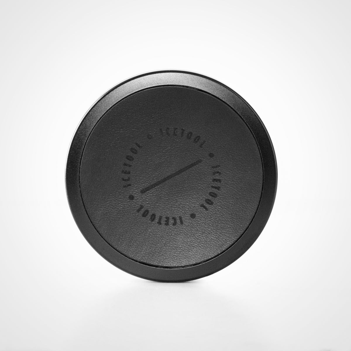 Icetool Slim Can Leatherface Black — top view of the black leather lid and embossed logo.